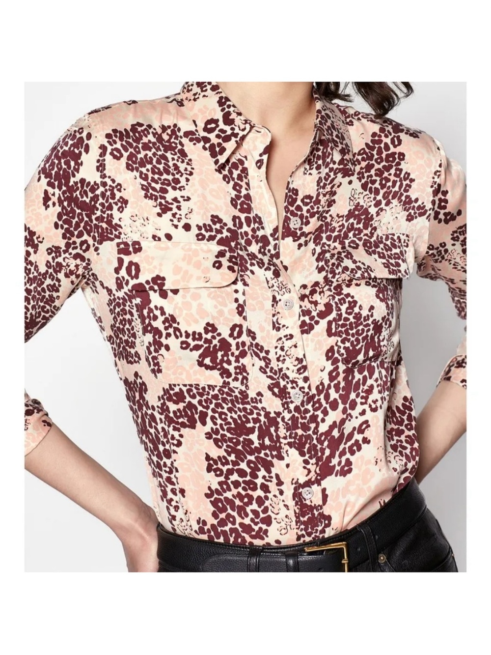 EUC EQUIPMENT burgundy & pink leopard print silk button down shirt